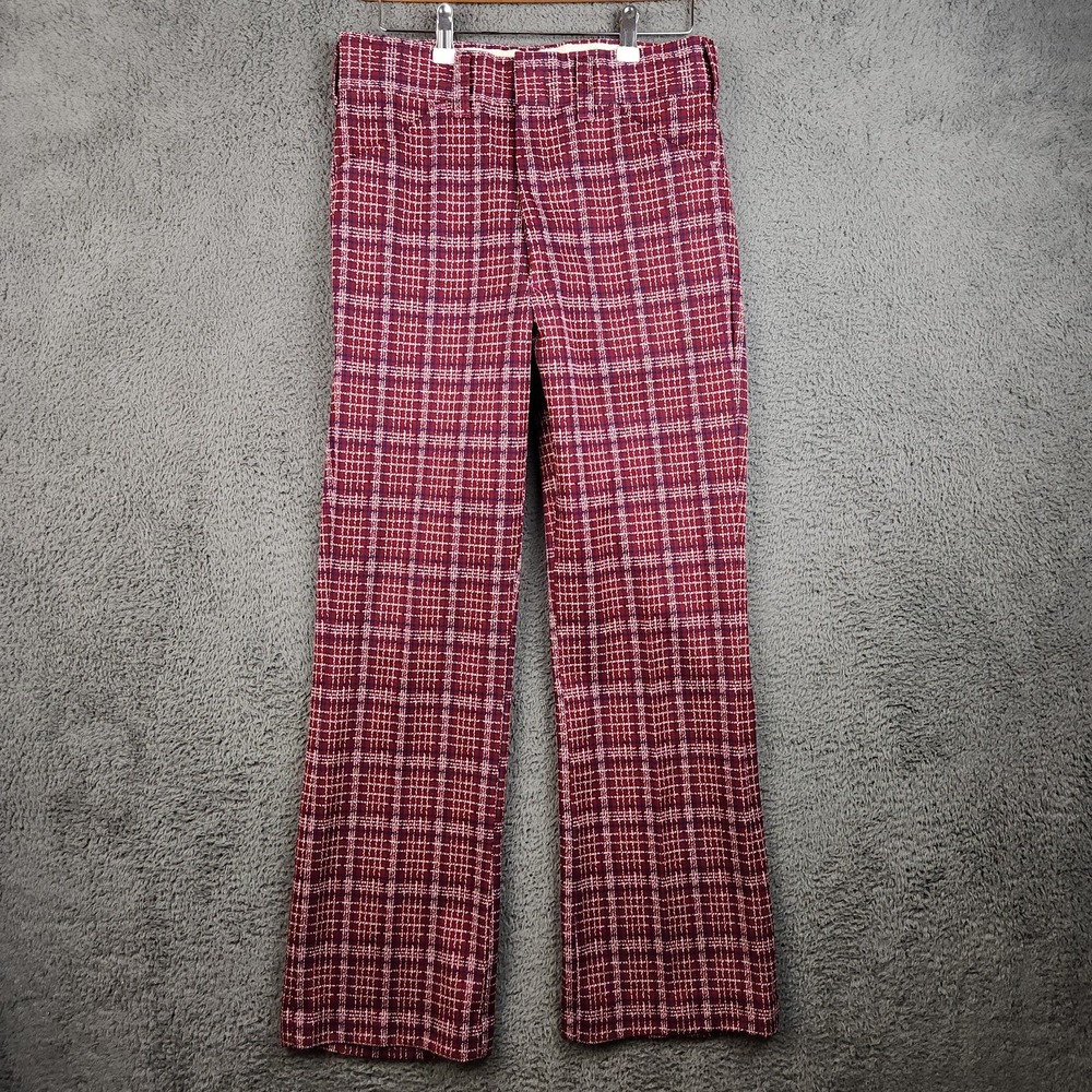 VTG 70s Tartan Plaid Cuffed Flare Polyester Pants 30x30 Rockabilly Golf Seersuck